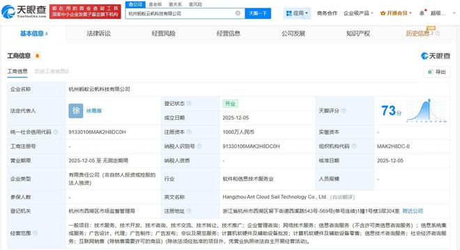 螞蟻集團(tuán)在杭州成立云帆科技公司，注冊(cè)資本1000萬元聚焦計(jì)算機(jī)軟硬件批發(fā)
